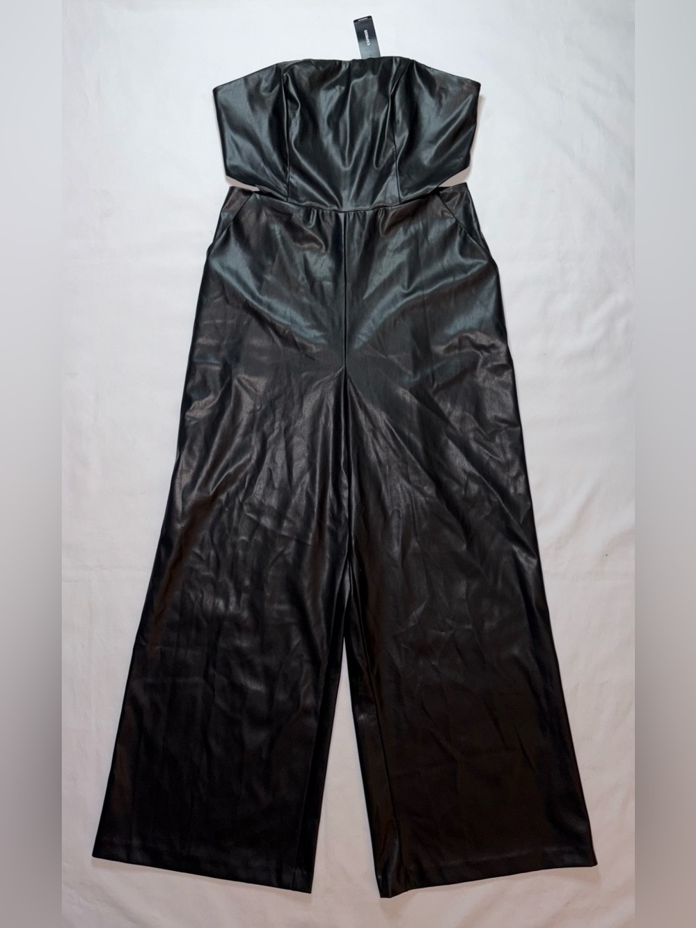 Express Faux Leather Strapless Wide Leg Jumpsuit Black NWT Large